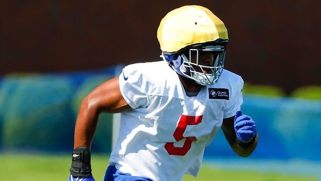 EAST RUTHERFORD, NJ - JULY 30: Kayvon Thibodeaux (5) New York Giants linebacker during training camp on July 30, 2022 at Quest Diagnostics Training Center in East Rutherford, New Jersey.