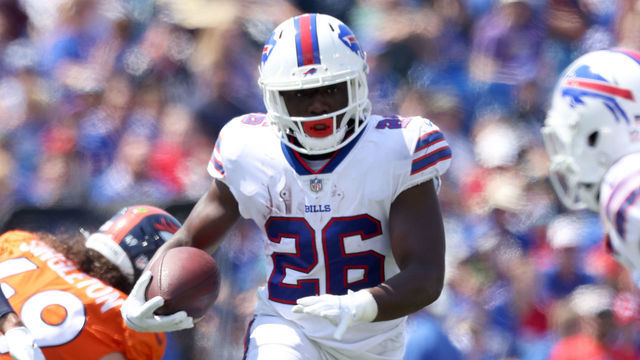 ORCHARD PARK, NEW YORK - AUGUST 20: Devin Singletary #26 of the Buffalo Bills runs the ball during the first quarter of a preseason game against the Denver Broncos at Highmark Stadium on August 20, 2022 in Orchard Park, New York.