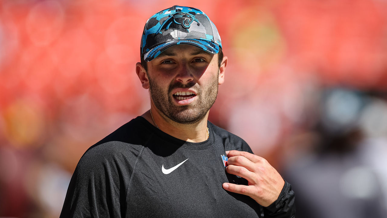 LANDOVER, MD - AUGUST 13: Baker Mayfield #6 of the Carolina Panthers looks on against the Washington Commanders during the second half of the preseason game at FedExField on August 13, 2022 in Landover, Maryland.