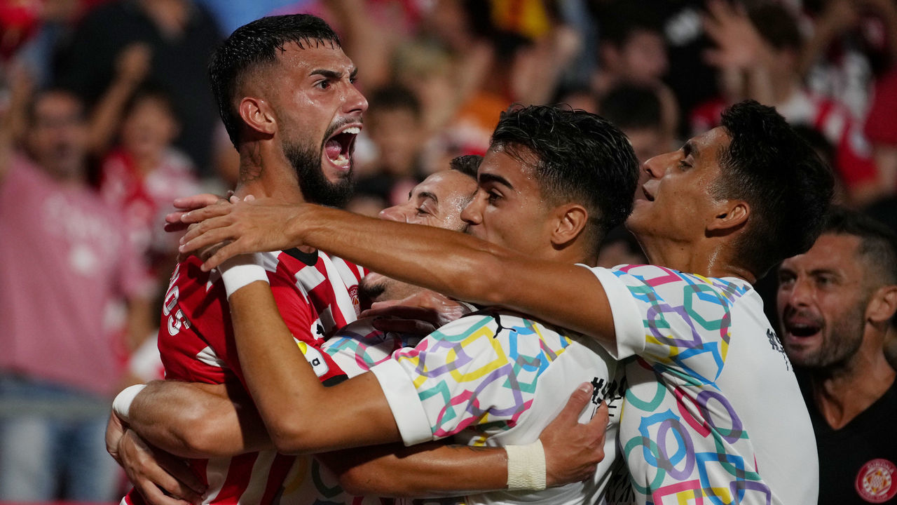 GIRONA, SPAIN - AUGUST 22: Valentin Castellanos of Girona celebrates with teammates after scoring their side's third goal during the LaLiga Santander match between Girona FC and Getafe CF at Montilivi Stadium on August 22, 2022 in Girona, Spain.