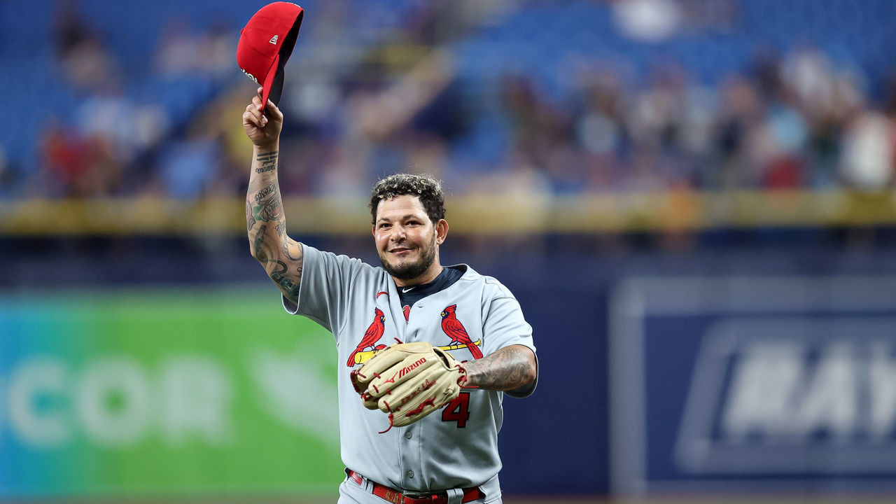 ST. PETERSBURG, FL - JUNE 8: Yadier Molina #4 of the St. Louis Cardinals pitches against the Tampa Bay Rays during a baseball game at Tropicana Field on June 8, 2022 in St. Petersburg, Florida.