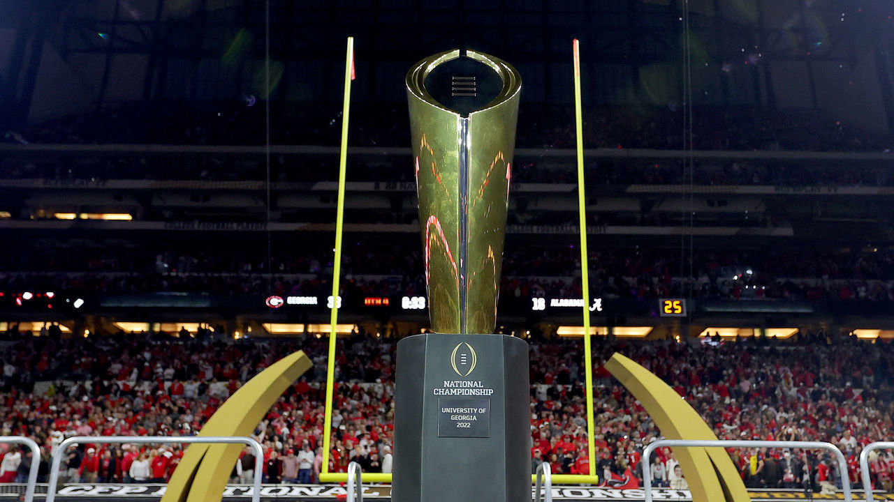 INDIANAPOLIS, INDIANA - JANUARY 10: The National Championship trophy is displayed after the Georgia Bulldogs defeated the Alabama Crimson Tide 33-18 in the 2022 CFP National Championship Game at Lucas Oil Stadium on January 10, 2022 in Indianapolis, Indiana.