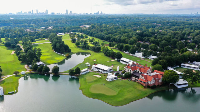ATLANTA, GEORGIA - AUGUST 23: (EDITORS NOTE: Image taken with a drone.) An aerial view of the course prior to the TOUR Championship at East Lake Golf Club on August 23, 2022 in Atlanta, Georgia.