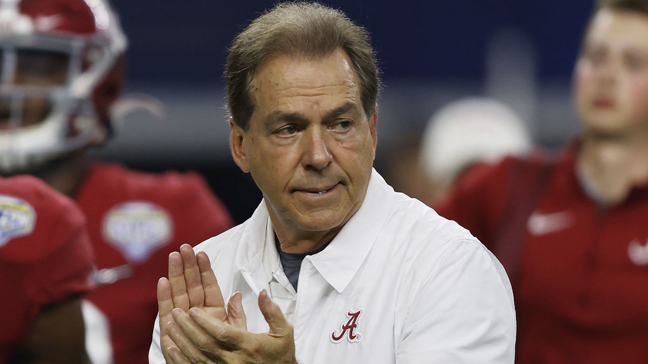 ARLINGTON, TEXAS - DECEMBER 31: Head coach Nick Saban of the Alabama Crimson Tide looks on during pregame warm-ups prior to a game against the Cincinnati Bearcats in the Goodyear Cotton Bowl Classic for the College Football Playoff semifinal game at AT&T Stadium on December 31, 2021 in Arlington, Texas.