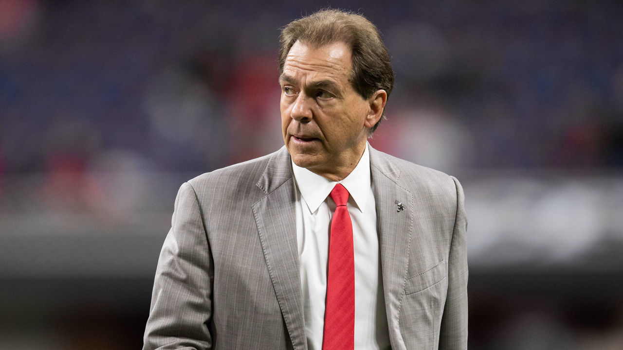 INDIANAPOLIS, IN - JANUARY 10: Alabama Crimson Tide head coach Nick Saban walks on the field before the Alabama Crimson Tide versus the Georgia Bulldogs in the College Football Playoff National Championship, on January 10, 2022, at Lucas Oil Stadium in Indianapolis, IN.