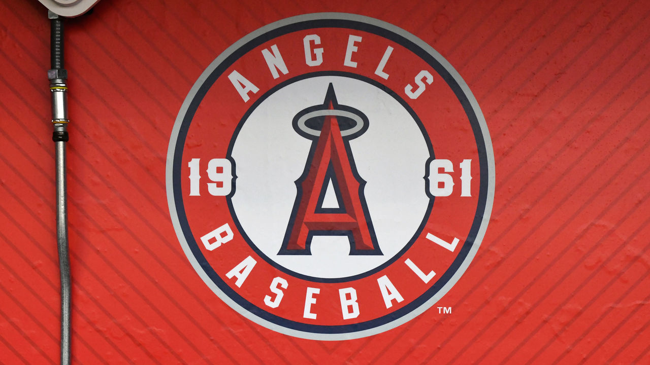 ANAHEIM, CA - APRIL 27, 2022: The Los Angeles Angels logo in the dugout prior to a game against the Cleveland Guardians at Angels Stadium on April 27, 2022 in Anaheim, California.