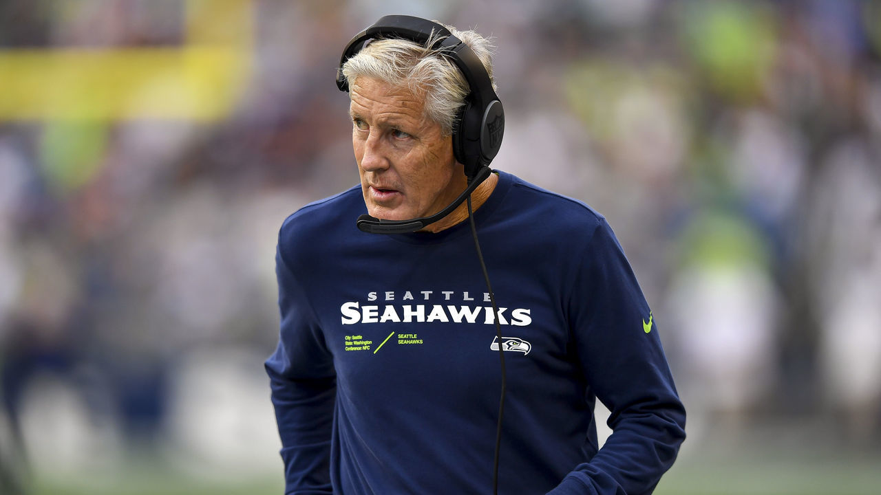 SEATTLE, WASHINGTON - AUGUST 18: Head coach Pete Carroll of the Seattle Seahawks walks the sideline in the third quarter during the preseason game against the Chicago Bears at Lumen Field on August 18, 2022 in Seattle, Washington.