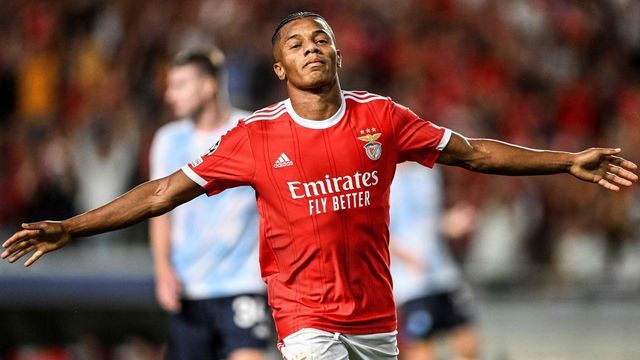Benfica's Brazilian midfielder David Neres celebrates after scoring his team's third goal during the UEFA Champions League playoff second leg football match between SL Benfica and Dynamo Kiev at the Luz stadium in Lisbon on August 23, 2022.