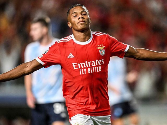 Benfica's Brazilian midfielder David Neres celebrates after scoring his team's third goal during the UEFA Champions League playoff second leg football match between SL Benfica and Dynamo Kiev at the Luz stadium in Lisbon on August 23, 2022.