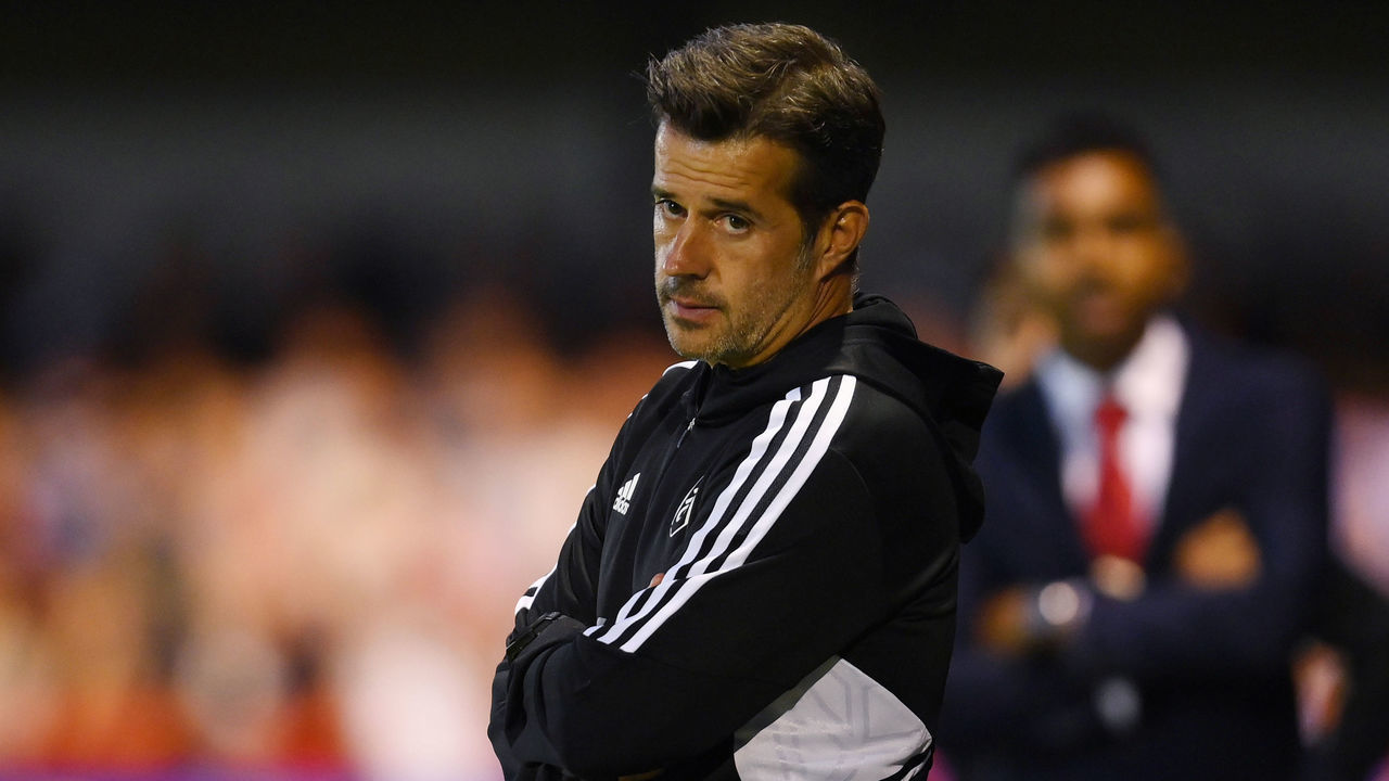 CRAWLEY, ENGLAND - AUGUST 23: Marco Silva, Manager of Fulham reacts during the Carabao Cup Second Round match between Crawley Town and Fulham at Broadfield Stadium on August 23, 2022 in Crawley, England.