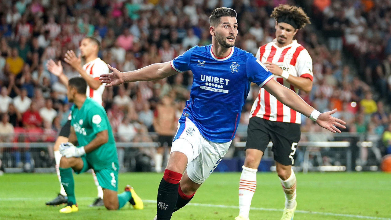 Rangers' Antonio-Mirko Colak celebrates scoring their side's first goal of the game (3-2 on aggregate) during the UEFA Champions League qualifying match at PSV Stadion, Eindhoven. Picture date: Wednesday August 24, 2022.