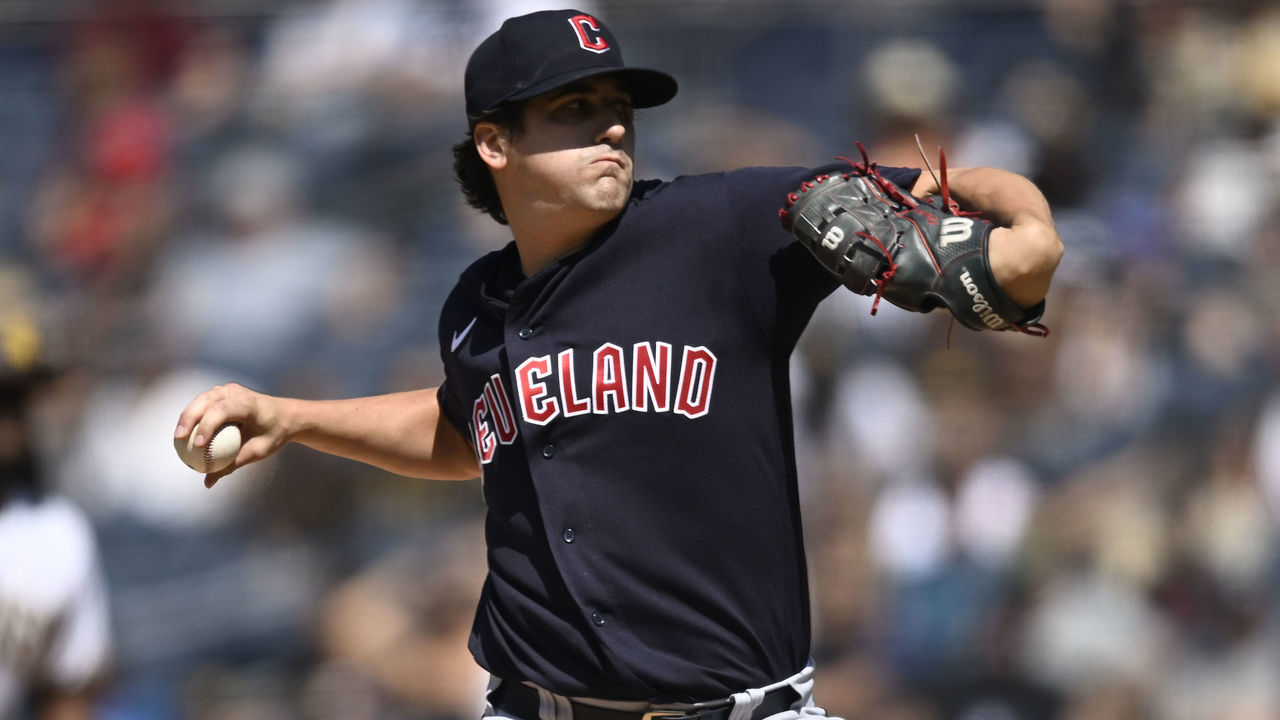 SAN DIEGO, CA - AUGUST 24: Cal Quantrill #47 of the Cleveland Guardians pitches during the fifth inning of a baseball game against the San Diego Padres August 24, 2022 at Petco Park in San Diego, California.