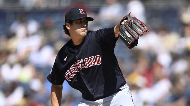 SAN DIEGO, CA - AUGUST 24: Cal Quantrill #47 of the Cleveland Guardians pitches during the fifth inning of a baseball game against the San Diego Padres August 24, 2022 at Petco Park in San Diego, California.
