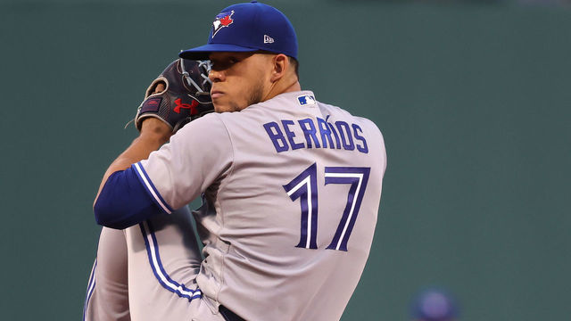 BOSTON, MASSACHUSETTS - AUGUST 24: Starting pitcher Jose Berrios #17 of the Toronto Blue Jays throws against the Boston Red Sox during the first inning at Fenway Park on August 24, 2022 in Boston, Massachusetts.