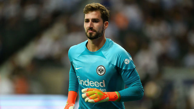 FRANKFURT AM MAIN, GERMANY - AUGUST 05: Goalkeeper Kevin Trapp of Frankfurt in action during the Bundesliga match between Eintracht Frankfurt and FC Bayern München at Deutsche Bank Park on August 05, 2022 in Frankfurt am Main, Germany.