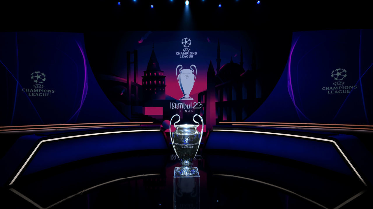 ISTANBUL, TURKIYE- AUGUST 25: The UEFA Champions League trophy is seen on a plinth ahead of the UEFA Champions League 2022/23 Group Stage Draw at Halic Congress Centre on August 25, 2022 in Istanbul, Turkiye.