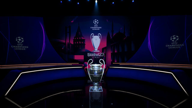 ISTANBUL, TURKIYE- AUGUST 25: The UEFA Champions League trophy is seen on a plinth ahead of the UEFA Champions League 2022/23 Group Stage Draw at Halic Congress Centre on August 25, 2022 in Istanbul, Turkiye.