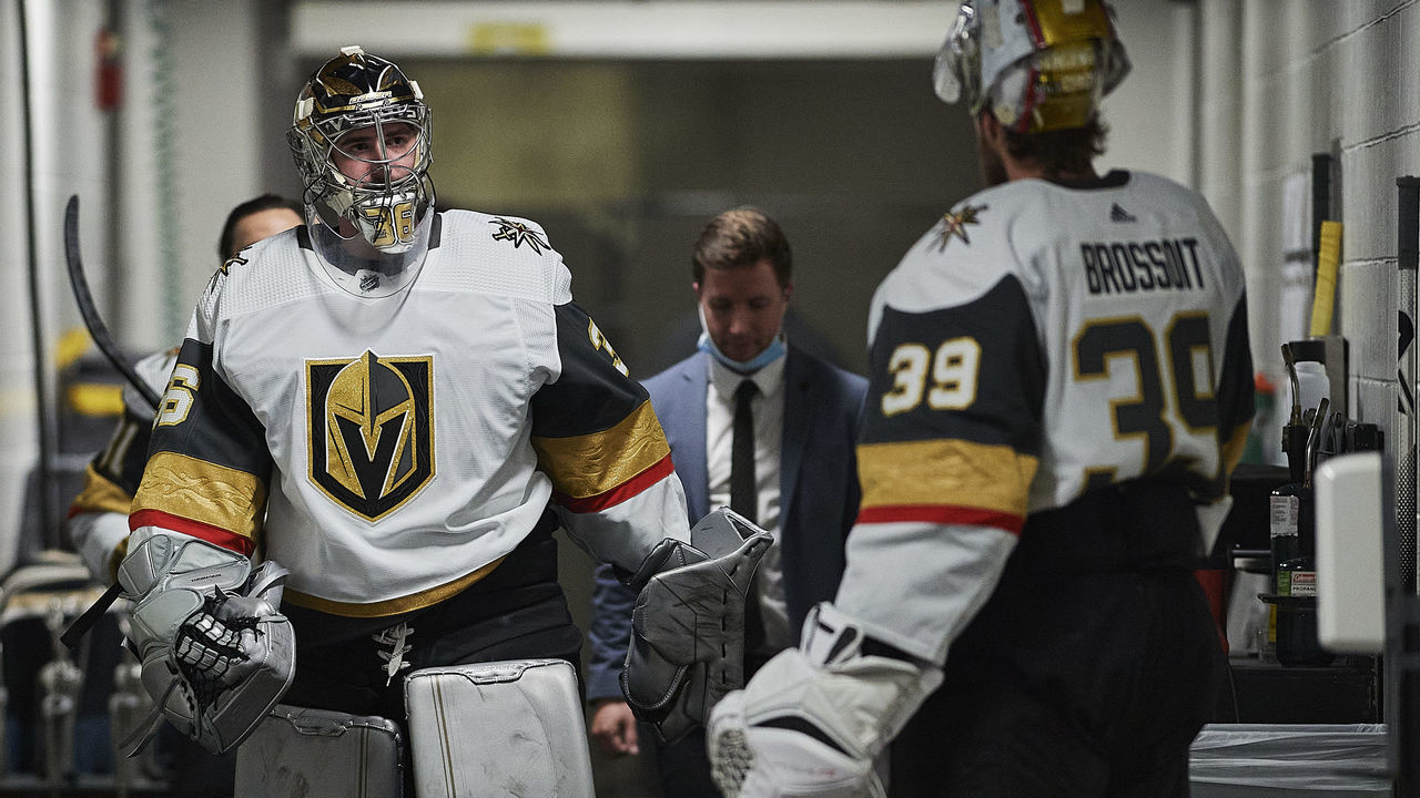 SAN JOSE, CA - FEBRUARY 20: Vegas Golden Knights goaltender Logan Thompson (36) and Vegas Golden Knights goaltender Laurent Brossoit (39) prepare before the NHL game between the San Jose Sharks and the Vegas Golden Knights on February 20, 2022 at SAP Center in San Jose, CA.
