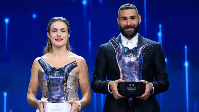 ISTANBUL, TURKIYE- AUGUST 25: UEFA Women's Player of the Year, Alexia Putellas of FC Barcelona and UEFA Men's Player of the Year, Karim Benzema of Real Madrid CF pose for a photograph after the UEFA Champions League 2022/23 Group Stage Draw at Halic Congress Centre on August 25, 2022 in Istanbul, Turkiye.