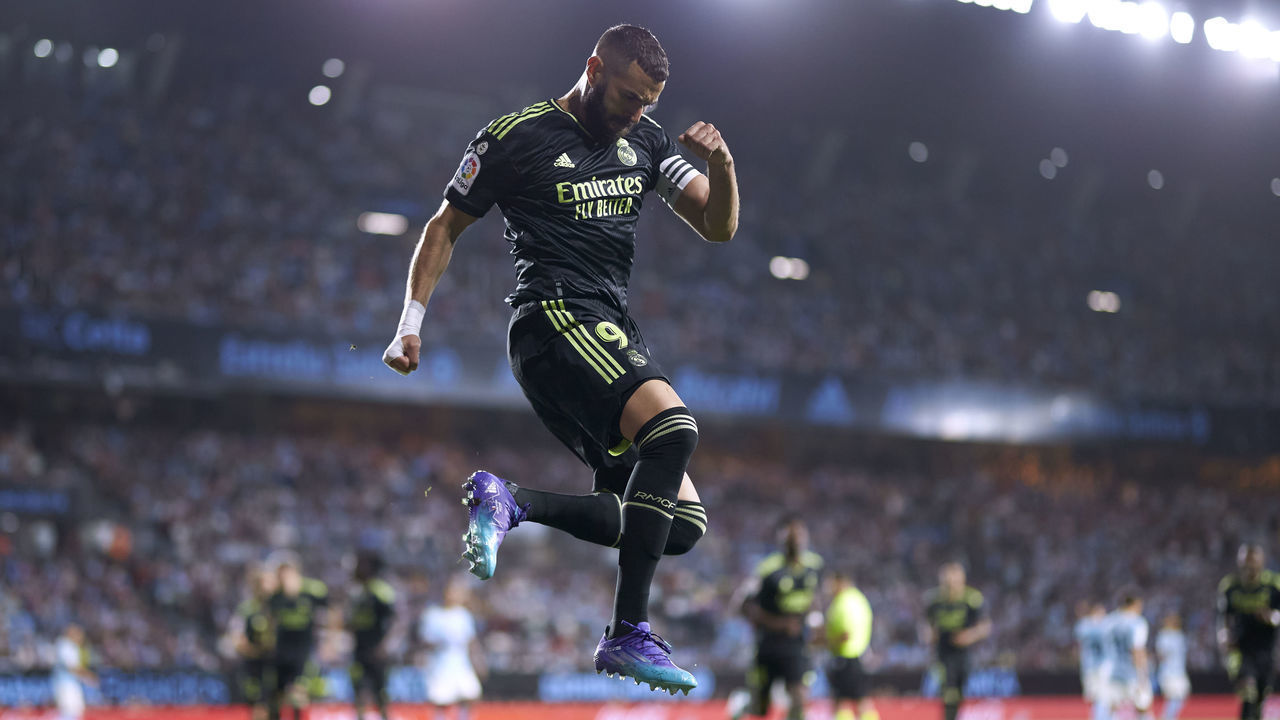VIGO, SPAIN - AUGUST 20: Karim Benzema of Real Madrid CF celebrates after scoring his team's first goal during the La Liga Santander match between RC Celta de Vigo and Real Madrid CF at Abanca-Balaidos on August 20, 2022 in Vigo, Spain.