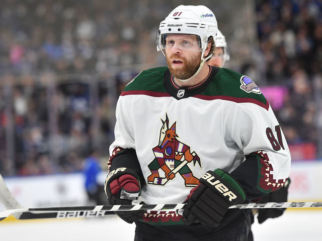 TORONTO, ON - MARCH 10: Arizona Coyotes Right Wing Phil Kessel (81) looks on prior to the face off in the third period during the NHL regular season game between the Arizona Coyotes and the Toronto Maple Leafs on March 10, 2022, at Scotiabank Arena in Toronto, ON, Canada.