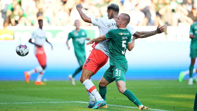 VIBORG, DENMARK - AUGUST 25: Gianluca Scamacca of West Ham United scores the 0-1 goal during the UEFA Conference League Playoff 2nd Leg match between Viborg FF and West Ham United at Energy Viborg Arena on August 25, 2022 in Viborg, Denmark.