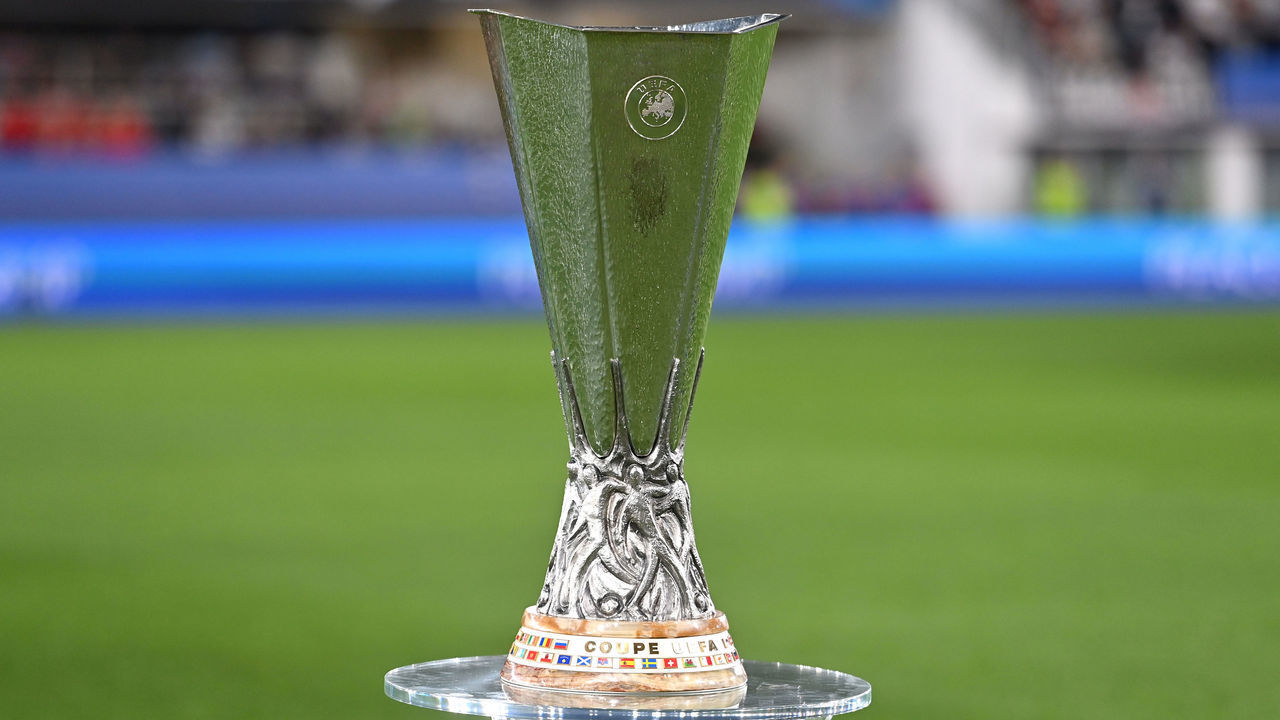 HELSINKI, FINLAND - AUGUST 10: A general view of the UEFA Europa League trophy prior to kick off of the UEFA Super Cup Final 2022 between Real Madrid CF and Eintracht Frankfurt at Helsinki Olympic Stadium on August 10, 2022 in Helsinki, Finland.