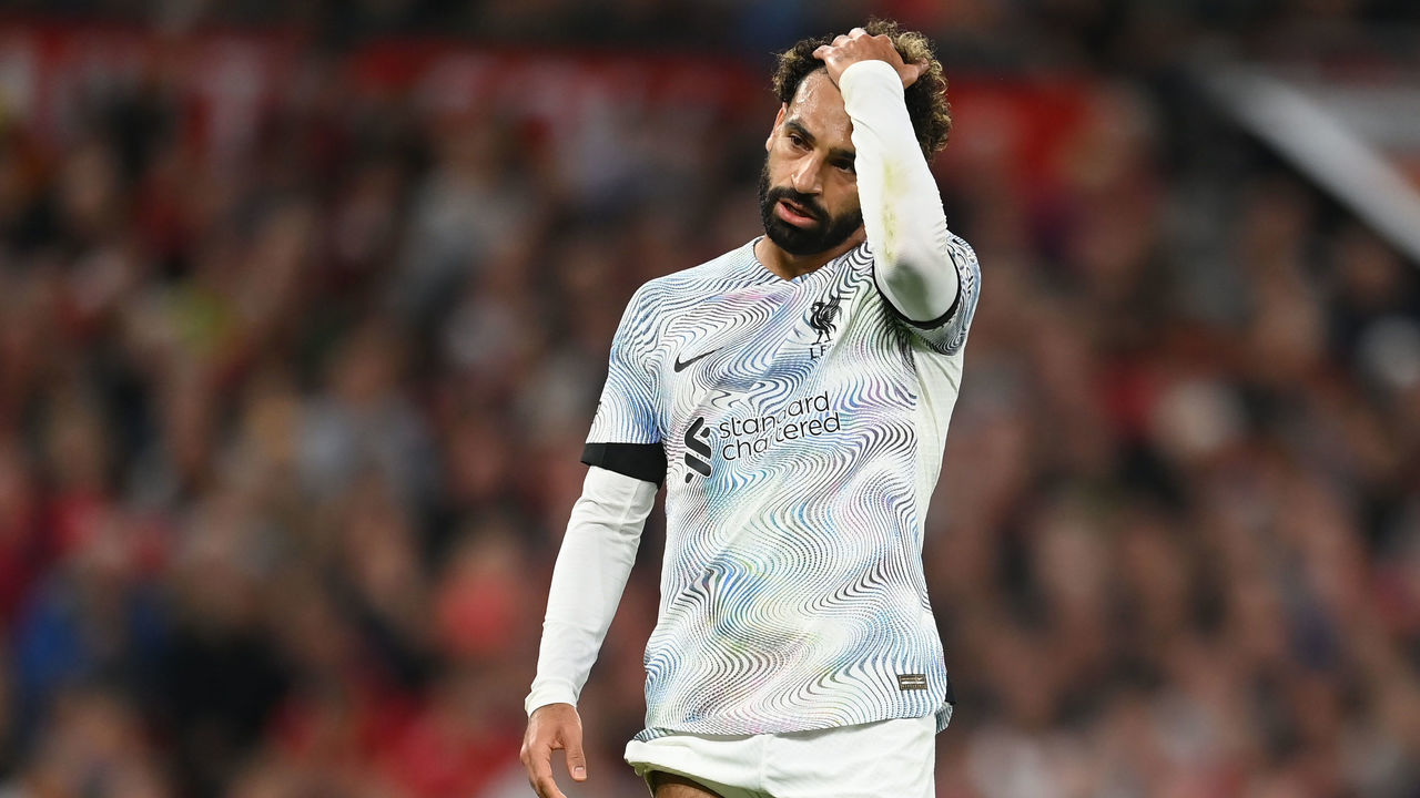 MANCHESTER, ENGLAND - AUGUST 22: Mohamed Salah of Liverpool looks dejected during the Premier League match between Manchester United and Liverpool FC at Old Trafford on August 22, 2022 in Manchester, England.