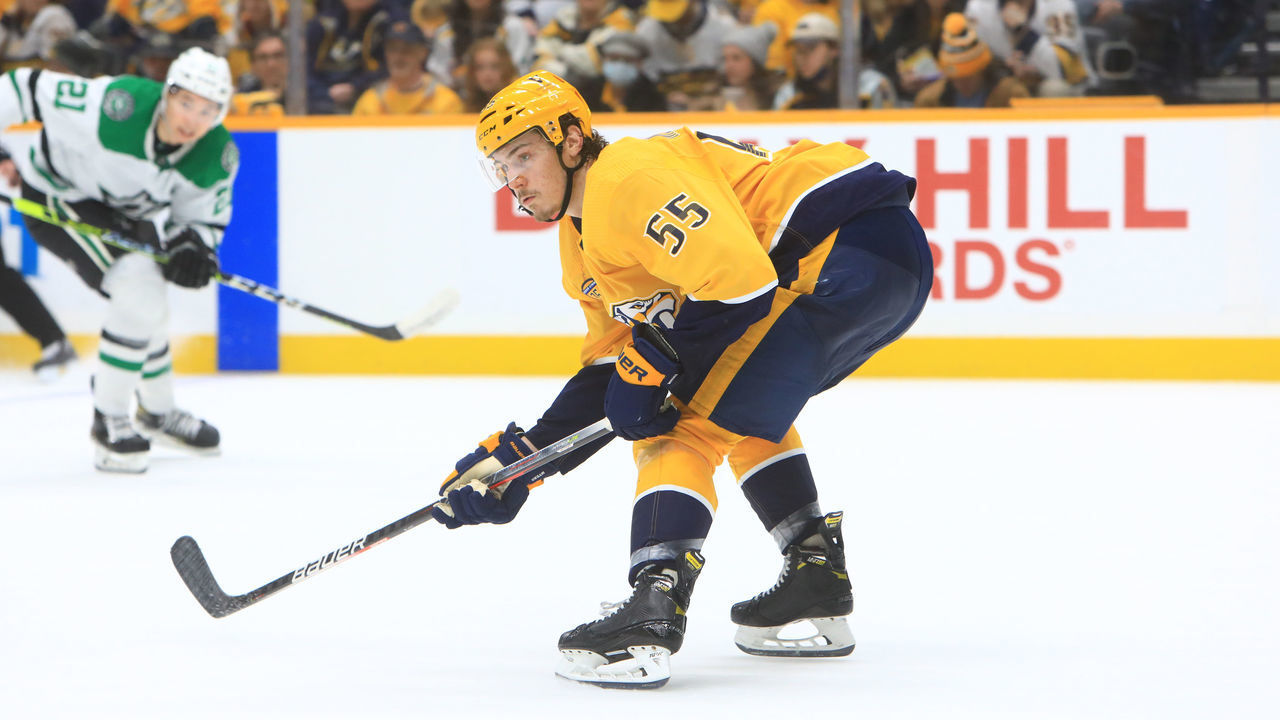 NASHVILLE, TN - FEBRUARY 24: Nashville Predators defenseman Philippe Myers (55) is shown during the NHL game between the Nashville Predators and Dallas Stars, held on February 24, 2022, at Bridgestone Arena in Nashville, Tennessee.