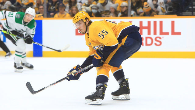 NASHVILLE, TN - FEBRUARY 24: Nashville Predators defenseman Philippe Myers (55) is shown during the NHL game between the Nashville Predators and Dallas Stars, held on February 24, 2022, at Bridgestone Arena in Nashville, Tennessee.
