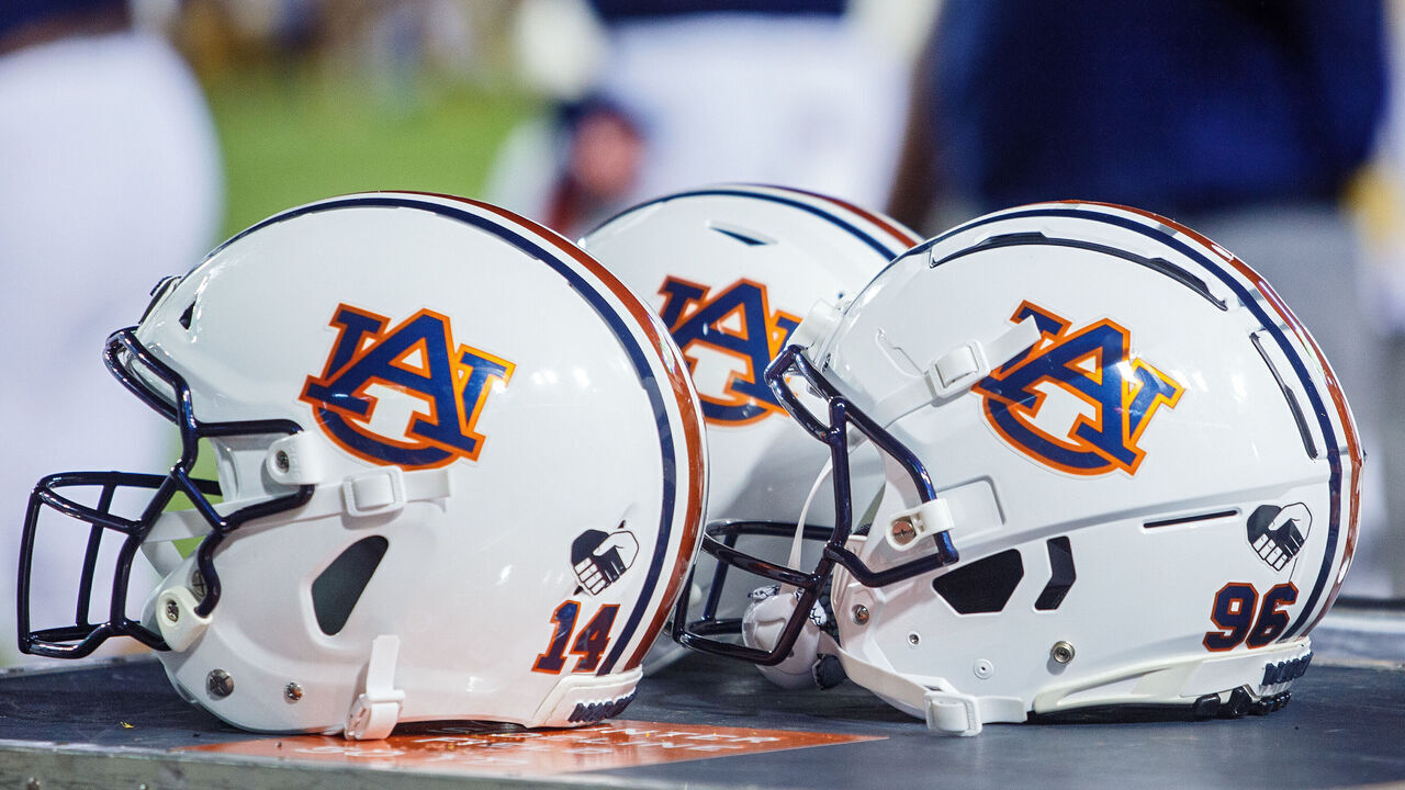 BATON ROUGE, LA - OCTOBER 02: Auburn Tigers helmets rest on the sideline during a game between the LSU Tigers and the Auburn Tigers at Tiger Stadium in Baton Rouge, Louisiana on October 2, 2021.