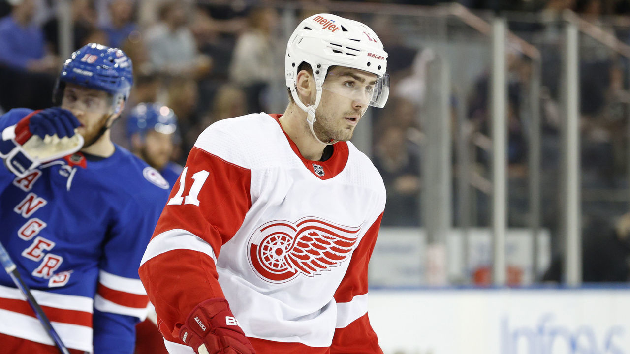 NEW YORK, NEW YORK - APRIL 16: Filip Zadina #11 of the Detroit Red Wings looks on during the first period against the New York Rangers at Madison Square Garden on April 16, 2022 in New York City.