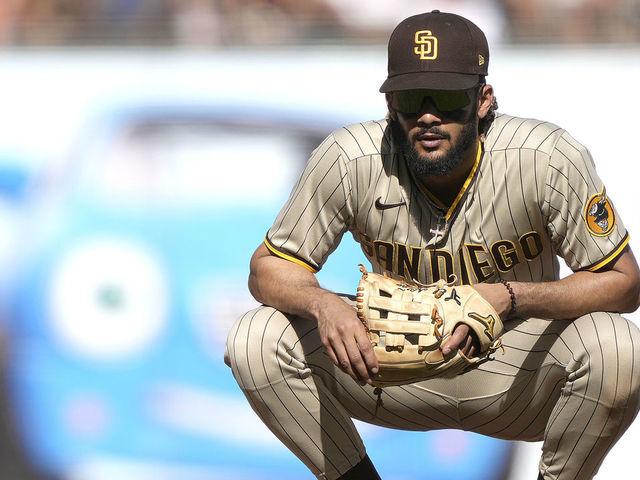 SAN FRANCISCO, CALIFORNIA - OCTOBER 02: Fernando Tatis Jr. #23 of the San Diego Padres looks on from his position against the San Francisco Giants in the bottom of the six inning at Oracle Park on October 02, 2021 in San Francisco, California.