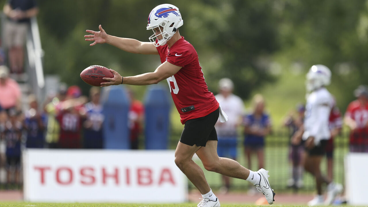 PITTSFORD, NEW YORK - JULY 24: Matt Araiza #19 of the Buffalo Bills punts during Bills training camp at Saint John Fisher University on July 24, 2022 in Pittsford, New York.