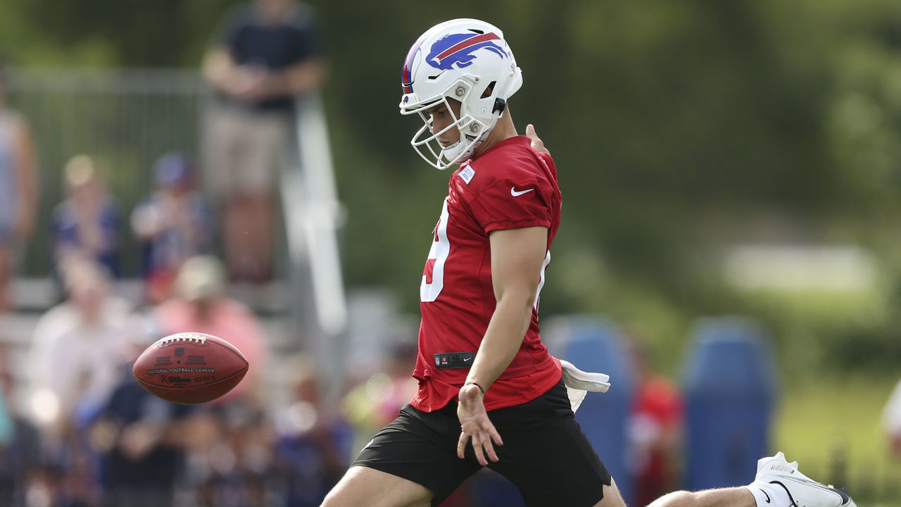 PITTSFORD, NEW YORK - JULY 24: Matt Araiza #19 of the Buffalo Bills punts during Bills training camp at Saint John Fisher University on July 24, 2022 in Pittsford, New York.