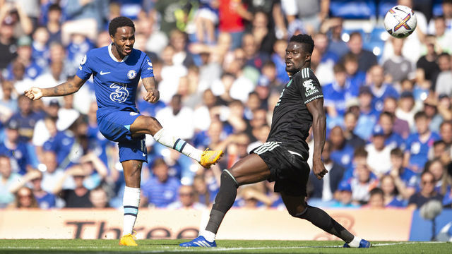 LONDON, ENGLAND - AUGUST 27: Raheem Sterling opens the scoring for Chelsea during the Premier League match between Chelsea FC and Leicester City at Stamford Bridge on August 27, 2022 in London, England.