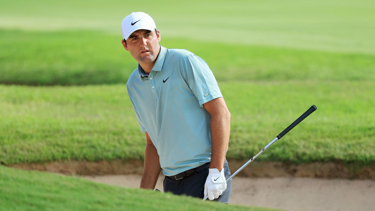 ATLANTA, GEORGIA - AUGUST 27: Scottie Scheffler of the United States prepares to play a shot from a bunker on the eighth hole during the third round of the TOUR Championship at East Lake Golf Club on August 27, 2022 in Atlanta, Georgia.