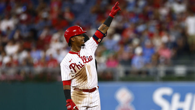 PHILADELPHIA, PA - AUGUST 27: Jean Segura #2 of the Philadelphia Phillies gestures after hitting a double against the Pittsburgh Pirates during the third inning of a game at Citizens Bank Park on August 27, 2022 in Philadelphia, Pennsylvania.