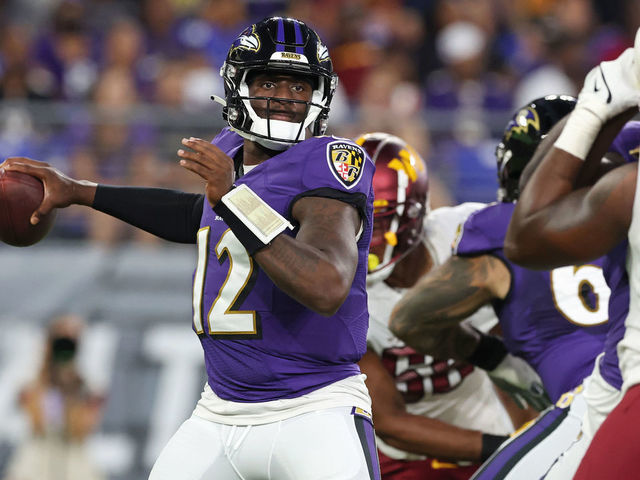 Members of the Washington Commanders line up for a play against the  Baltimore Ravens in the second half of a preseason NFL football game,  Saturday, Aug. 27, 2022, in Baltimore. (AP Photo/Julio