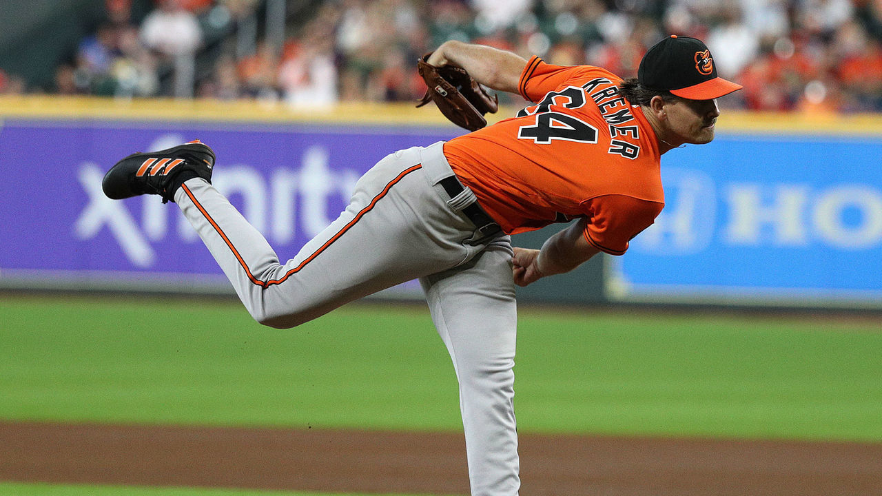 HOUSTON, TEXAS - AUGUST 27: Dean Kremer #64 of the Baltimore Orioles pitches in the first inning against the Houston Astros at Minute Maid Park on August 27, 2022 in Houston, Texas.