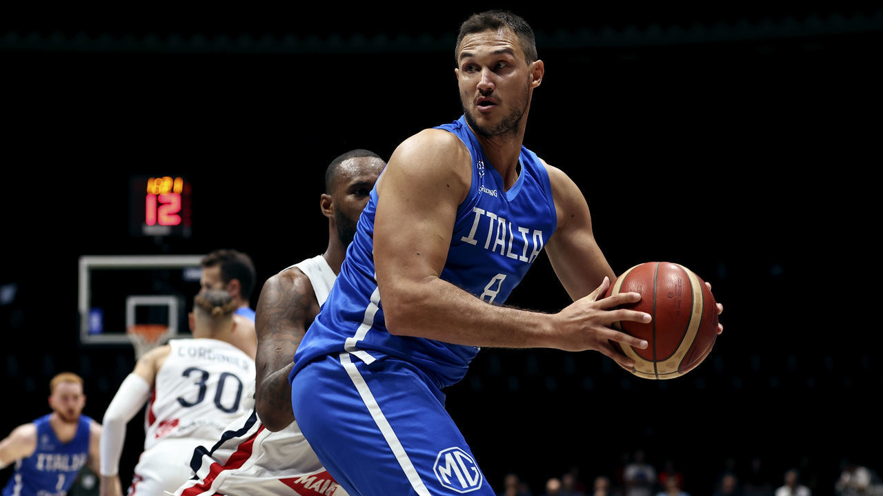 BOLOGNA, ITALY - AUGUST 12: Danilo Gallinari #8 of Italy in action during the basketball International Friendly match between Italy and France at Unipol Arena on August 12, 2022 in Bologna, Italy.