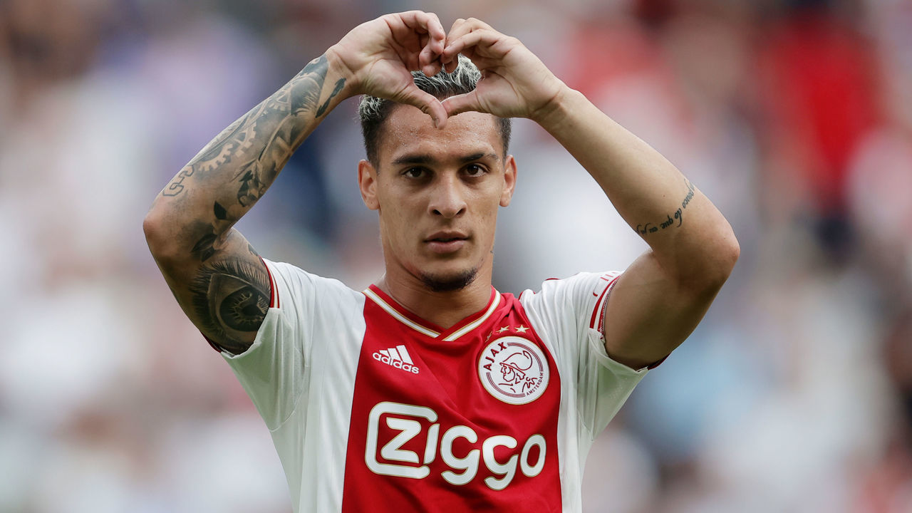 AMSTERDAM, NETHERLANDS - AUGUST 14: Antony of Ajax celebrates 2-1 during the Dutch Eredivisie match between Ajax v FC Groningen at the Johan Cruijff Arena on August 14, 2022 in Amsterdam Netherlands