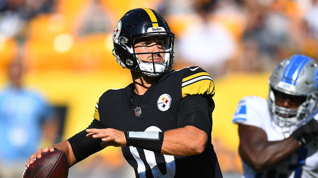 PITTSBURGH, PA - AUGUST 28: Mitch Trubisky #10 of the Pittsburgh Steelers looks to pass during the first quarter against the Detroit Lions at Acrisure Stadium on August 28, 2022 in Pittsburgh, Pennsylvania.