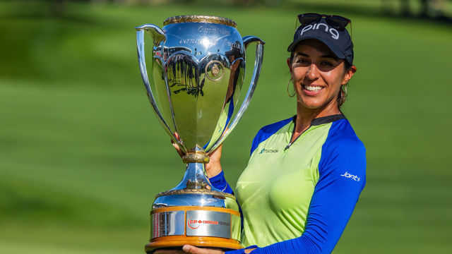 OTTAWA, ON - AUGUST 28: Paula Reto of South Africa is poses with Canadian Pacific Womens Open trophy after winning the CP Womens Open on August 28, 2022, at The Ottawa Hunt and Golf Club in Ottawa, ON, Canada.