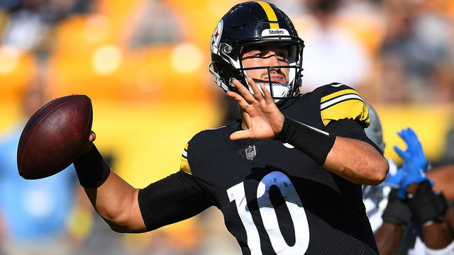 PITTSBURGH, PA - AUGUST 28: Mitch Trubisky #10 of the Pittsburgh Steelers looks to pass during the first quarter against the Detroit Lions at Acrisure Stadium on August 28, 2022 in Pittsburgh, Pennsylvania.