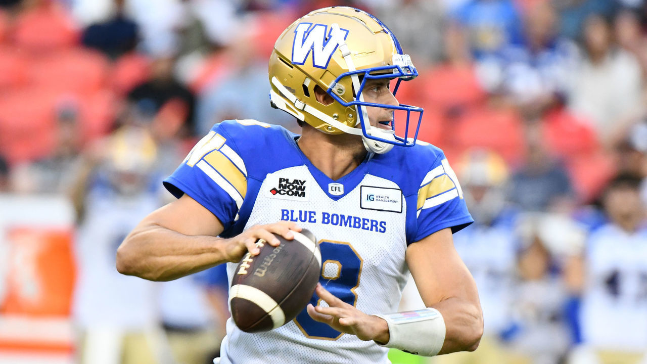 TORONTO, ON - JULY 04: Winnipeg Blue Bombers quarterback Zach Collaros (8) readies himself for the throw down the field during the CFL regular season game between the Winnipeg Blue Bombers and the Toronto Argonauts on July 04, 2022, at BMO Field in Toronto, ON, Canada.