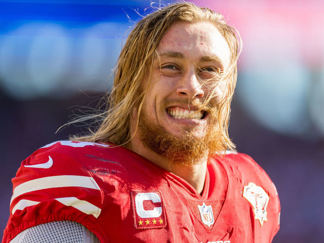 SANTA CLARA, CA - JANUARY 02: San Francisco 49ers Tight End George Kittle (85) smiles during a timeout during the NFL pro football game between the Houston Texans and San Francisco 49ers on January 2, 2022 at Levis Stadium in Santa Clara, CA.