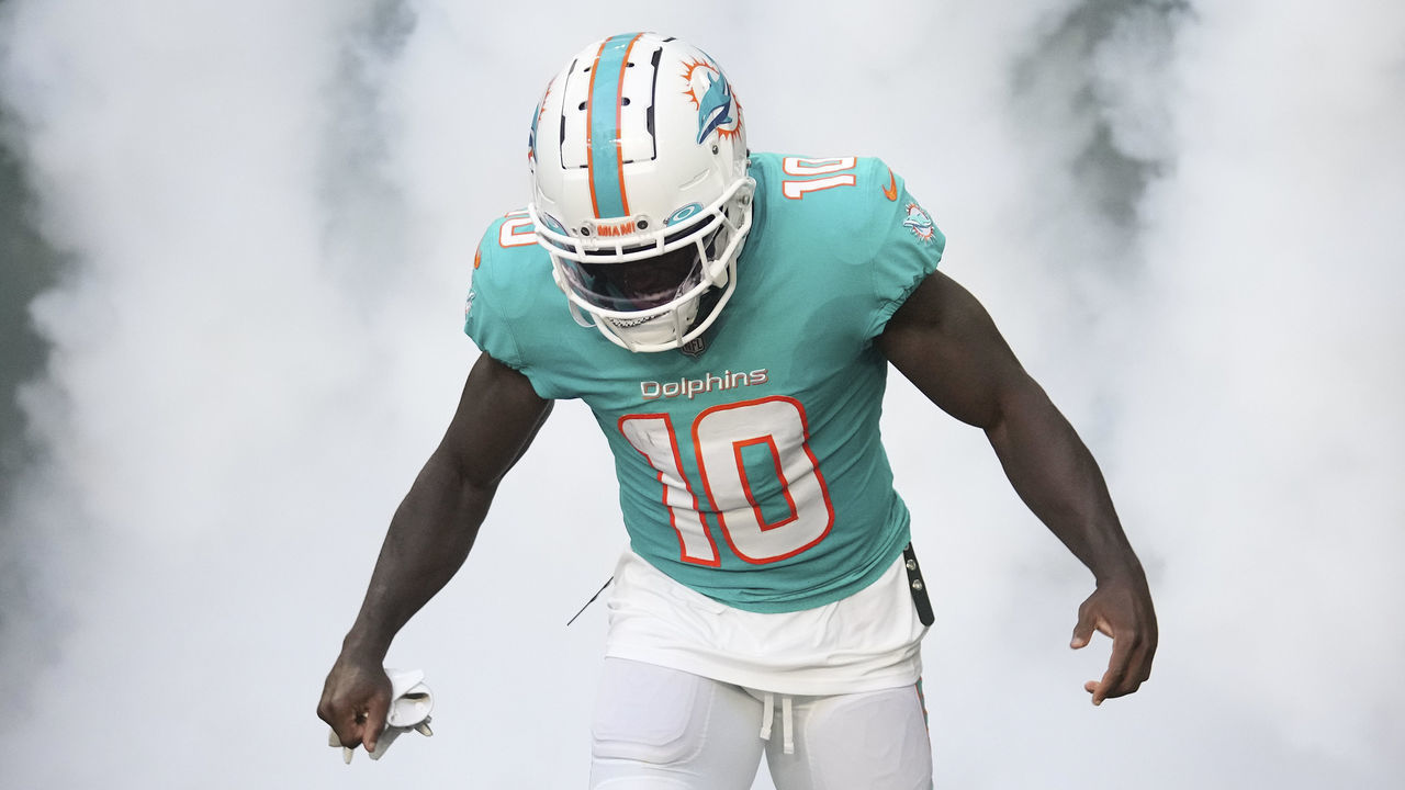 MIAMI GARDENS, FLORIDA - AUGUST 27: Tyreek Hill #10 of the Miami Dolphins takes the field prior to the preseason game against the Philadelphia Eagles at Hard Rock Stadium on August 27, 2022 in Miami Gardens, Florida.