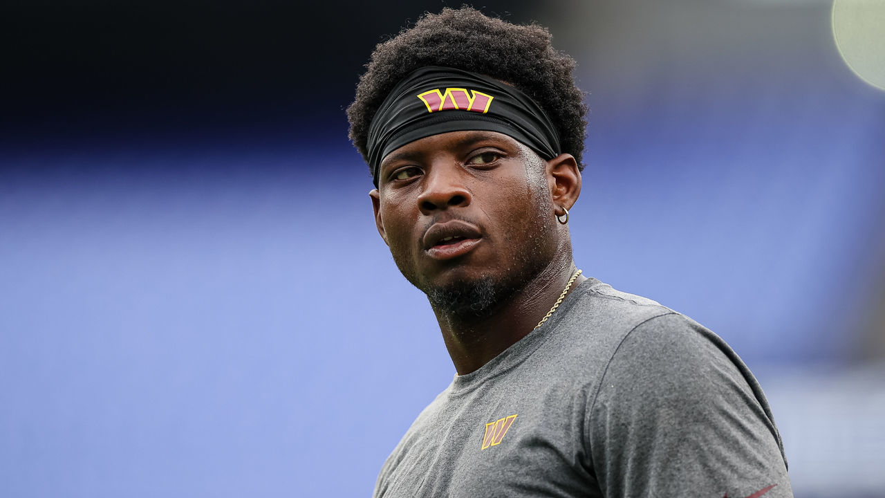 BALTIMORE, MD - AUGUST 27: Brian Robinson #8 of the Washington Commanders warms up before the preseason game against the Baltimore Ravens at M&T Bank Stadium on August 27, 2022 in Baltimore, Maryland.