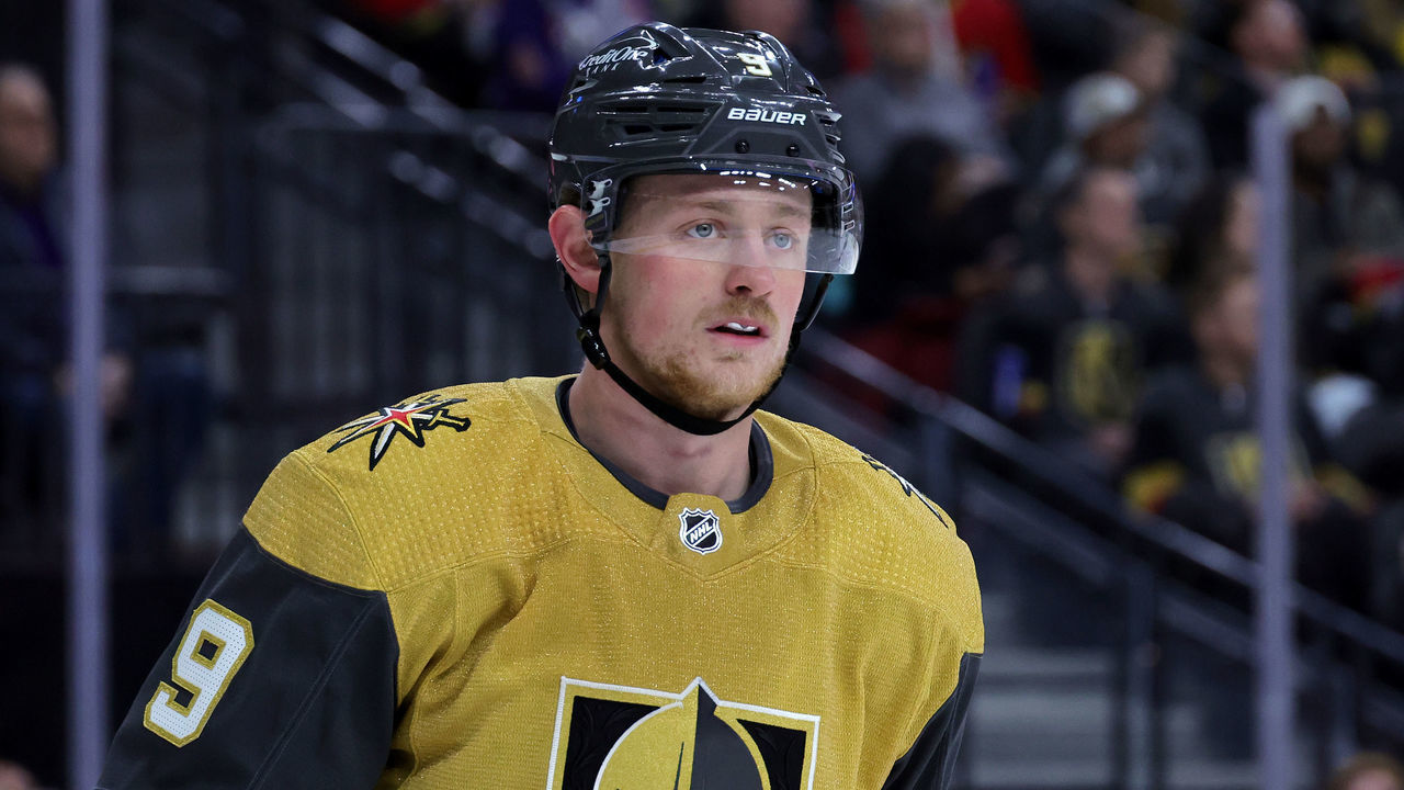 LAS VEGAS, NEVADA - MARCH 06: Jack Eichel #9 of the Vegas Golden Knights reacts in the second period of a game against the Ottawa Senators at T-Mobile Arena on March 06, 2022 in Las Vegas, Nevada. The Golden Knights defeated the Senators 2-1.